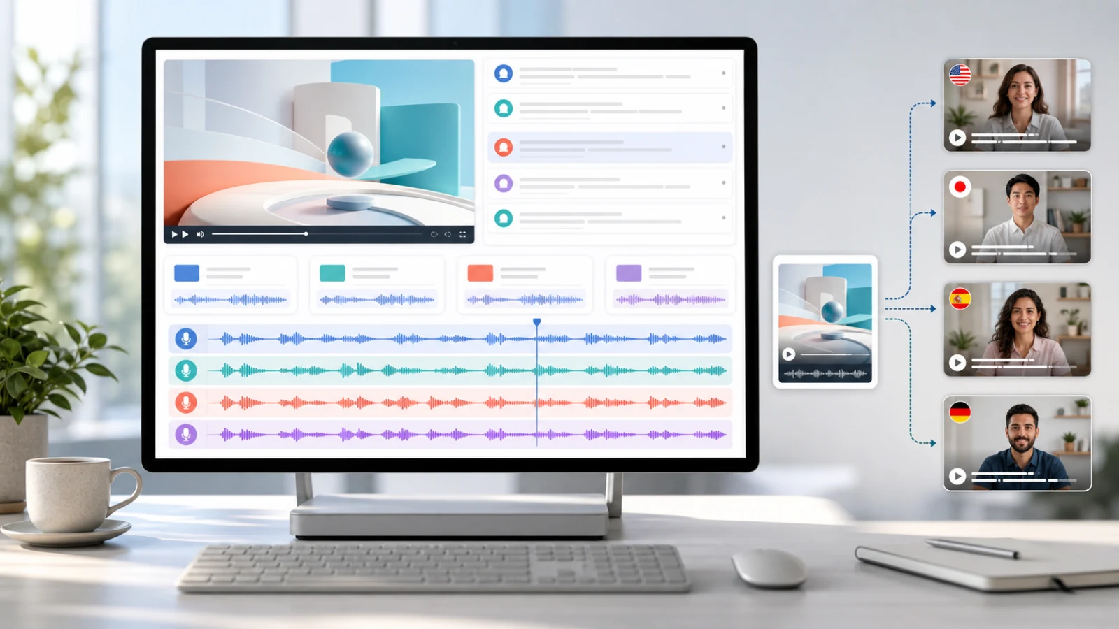 AI video dubbing workflow showing a clean video master, translated scripts, multilingual voice tracks, and export review - UnmarkAI
