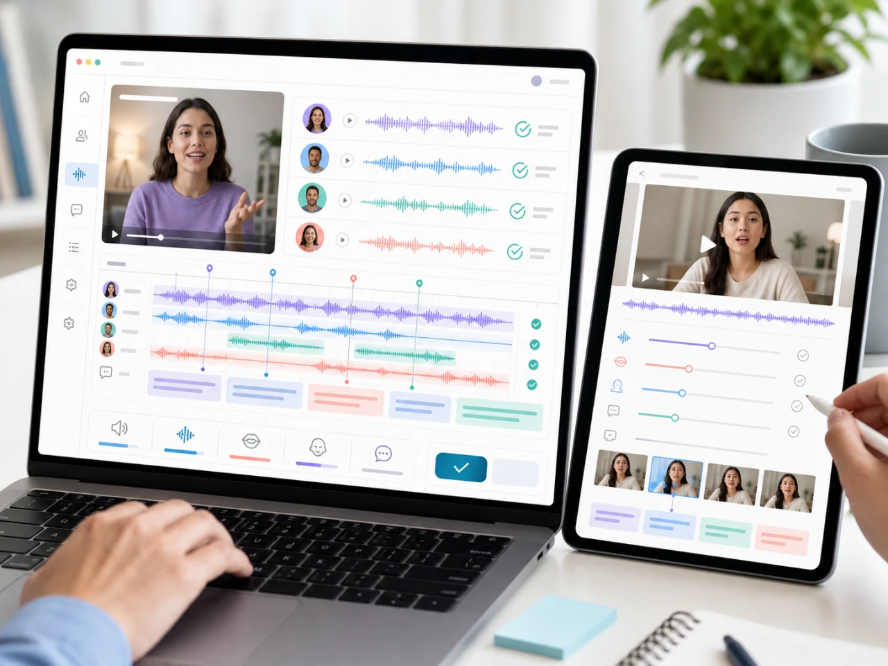AI dubbing quality review workspace with multilingual scripts, waveform timing, speaker tracks, and approved export checklist - UnmarkAI