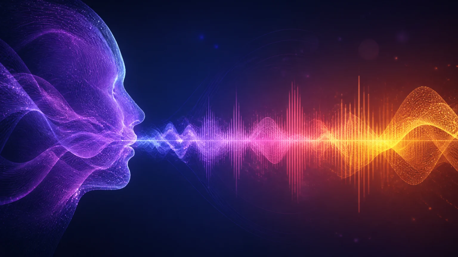 Abstract violet voiceprint branching into approved translated sound waves in a dark studio setting