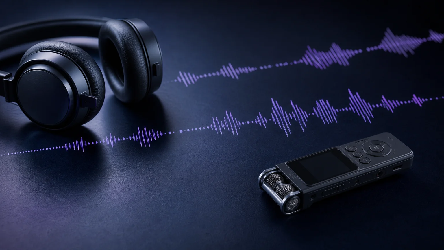 Studio headphones beside a recorder and segmented purple sound waves for audio transcript review