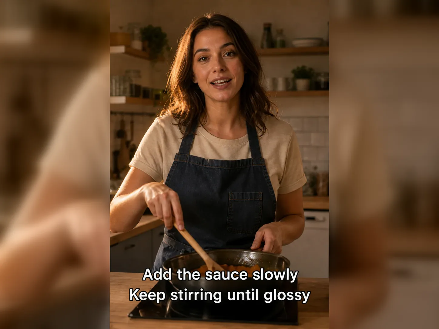Cooking tutorial video frame with burned-in subtitles before AI subtitle removal - UnmarkAI