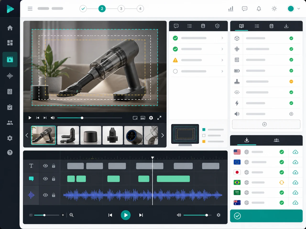 Product video localization review workspace with product glossary, subtitle safe zones, voice timing waveform, market export checklist, and SKU consistency review - UnmarkAI
