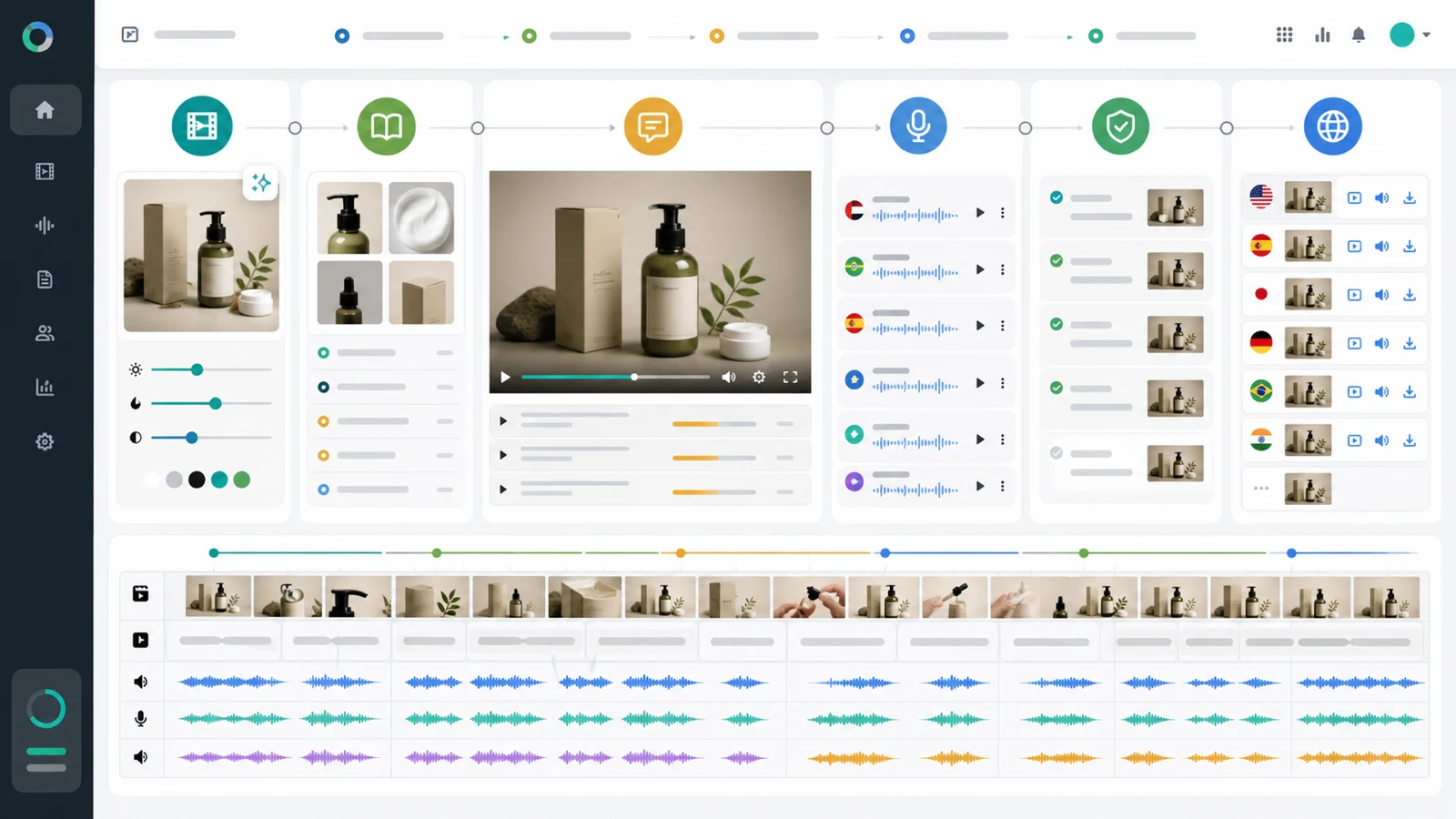 AI product video translation workflow showing a clean product master, glossary, multilingual subtitles, AI voiceover tracks, and marketplace export review - UnmarkAI