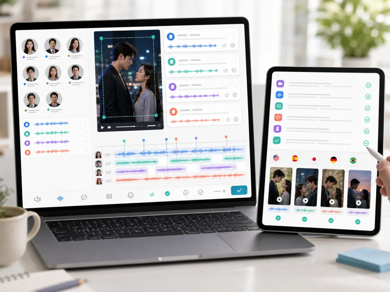 Short drama localization review workspace with character glossary, vertical drama preview, multilingual voice tracks, subtitle safe-zone review, and market export checklist - UnmarkAI