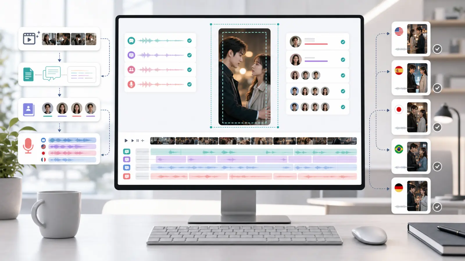 AI short drama localization workflow showing a clean vertical drama master, script transcreation, multilingual voice tracks, subtitle safe zones, and batch market exports - UnmarkAI