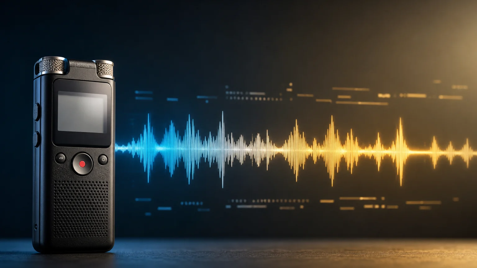 Warm gold and blue sound waves moving from a voice recorder toward an English audio delivery